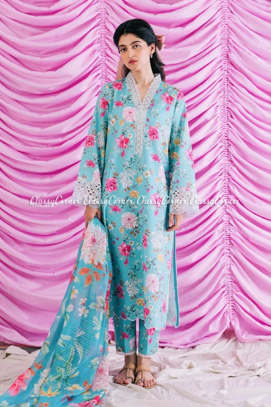 Turquoise Printed Lawn Salwar Kameez Retro floral dresses