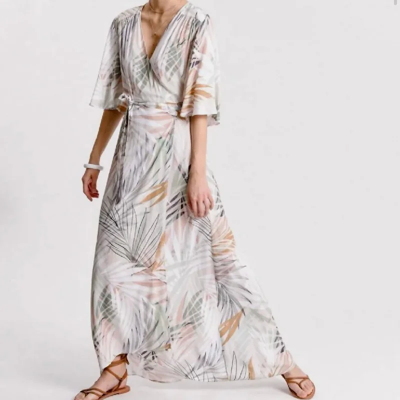 Molly Bracken Beige Palm Wrap Dress Dark color unclassified dresses