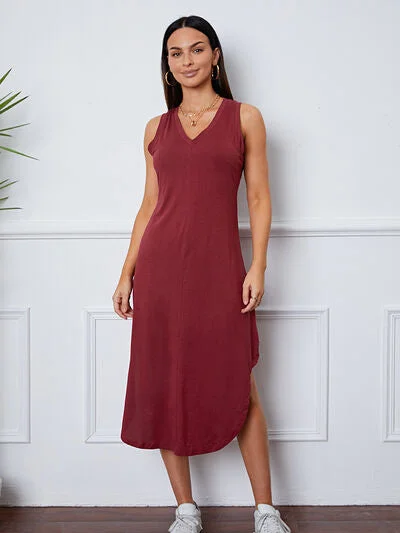 V-Neck Sleeveless Curved Hem Dress Bright color unclassified dresses