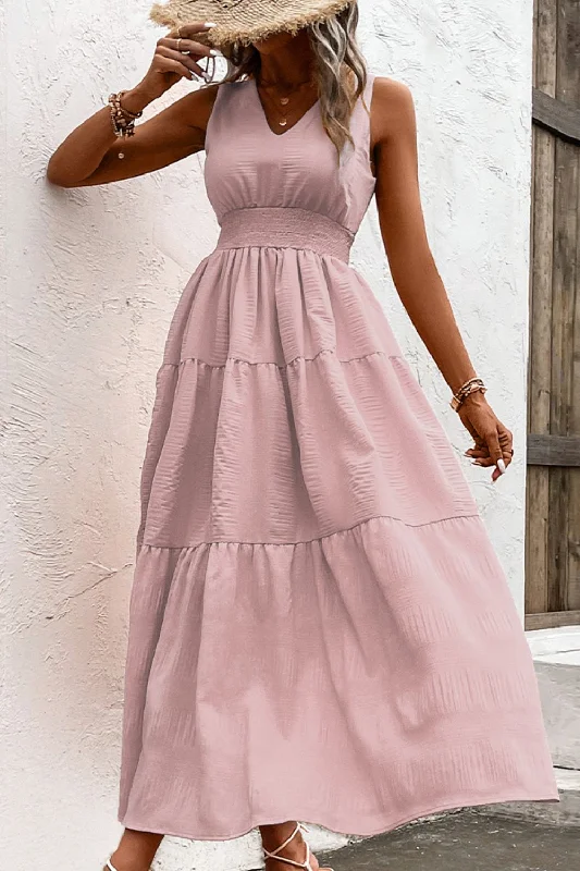 V-Neck Smocked Waist Sleeveless Tiered Dress Street style unclassified dresses