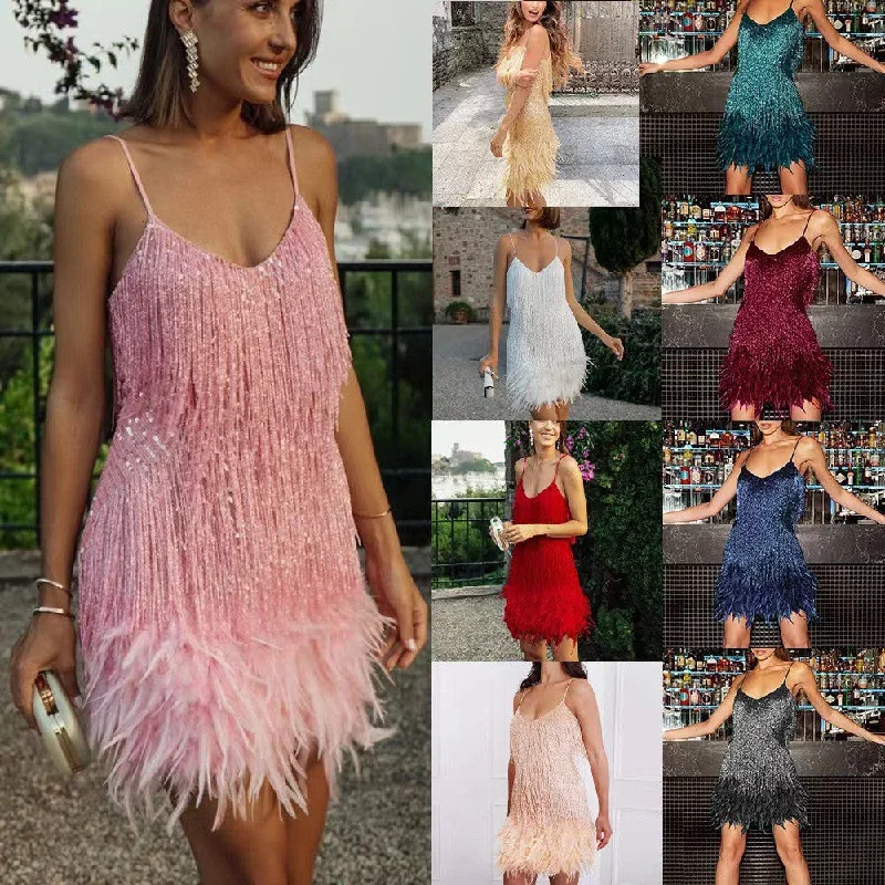 V-neck Strap Feather Stitching Dress Velvet unclassified dresses