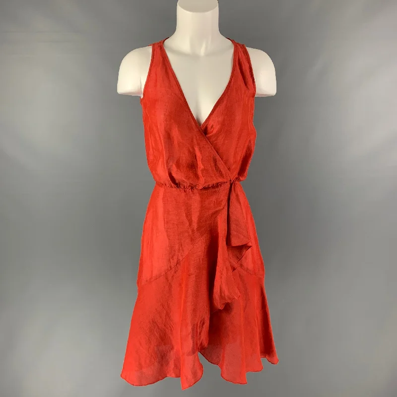 VALENTINO Size 4 Orange Linen &  Silk Solid Wrap Dress Sleeveless unclassified dresses