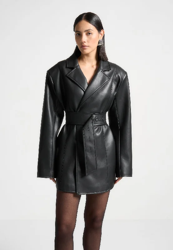 Leather Oversized Belted Blazer Dress - Black Breathable unclassified dresses
