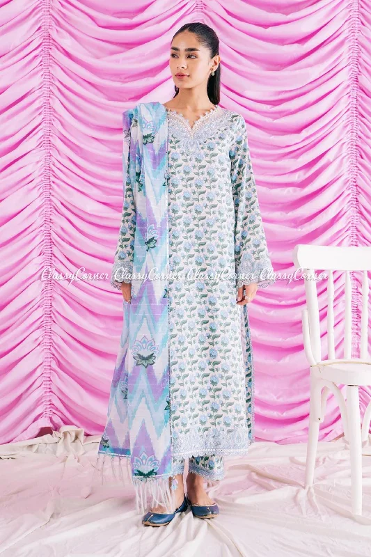 White Blue Printed Lawn 3pc Suit Graduation floral dresses