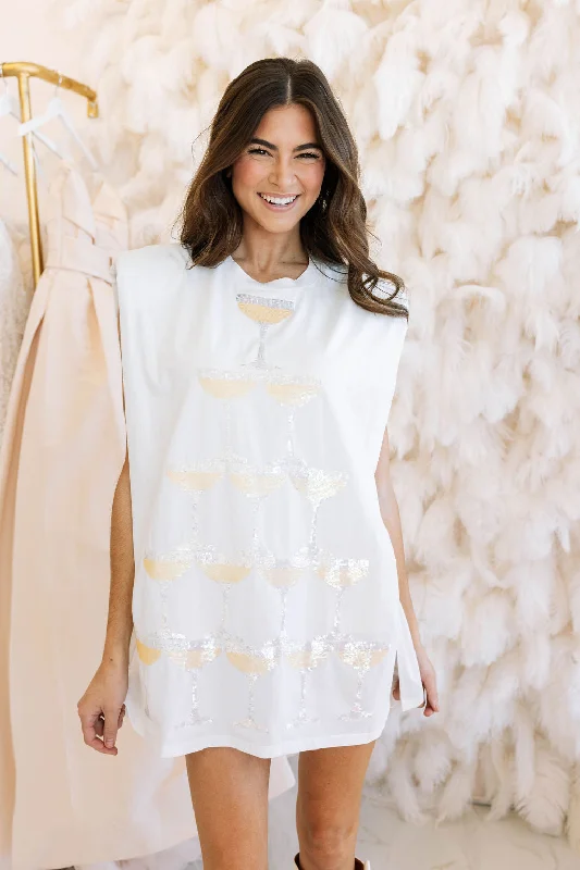 White Champagne Tower Shoulder Pad Dress Festival unclassified dresses