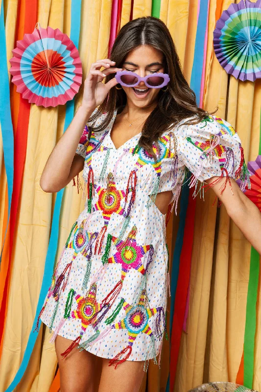 White Piñata Fringe Poof Sleeve Dress Comfortable unclassified dresses