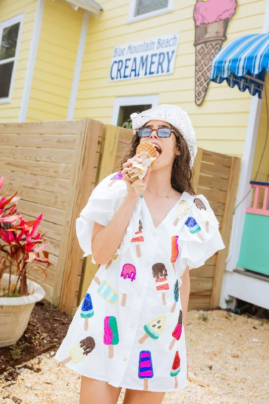 White Ruffle Sleeve Popsicle Cotton Dress Striped unclassified dresses