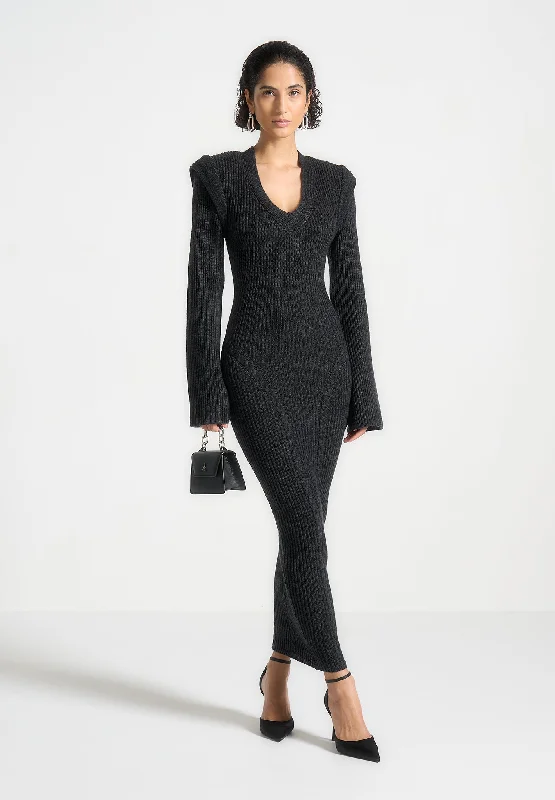 Wide Shoulder Knitted Midaxi Dress - Black Designer unclassified dresses