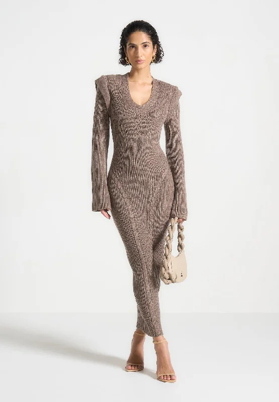 Wide Shoulder Knitted Midaxi Dress - Taupe Stylish unclassified dresses