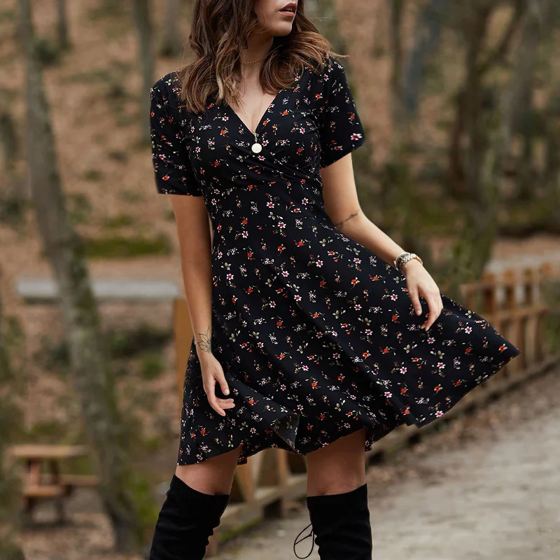 Women Fashion Elegant Tiny Flower Printing V Neck Short Sleeve Dress Best floral dresses for casual outings Women Fashion Elegant Tiny Flower Printing V Neck Short Sleeve Dress Best floral dresses for casual outings