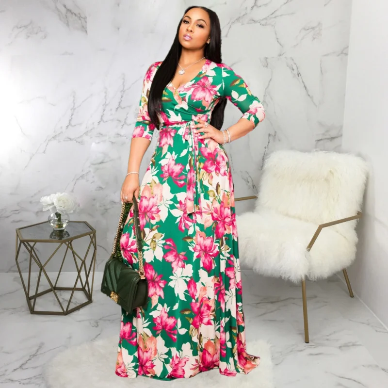 Women Sexy Fashion Vacation Long Sleeve Digital Printing V-Neck Dress Cottagecore floral dresses Women Sexy Fashion Vacation Long Sleeve Digital Printing V-Neck Dress Cottagecore floral dresses