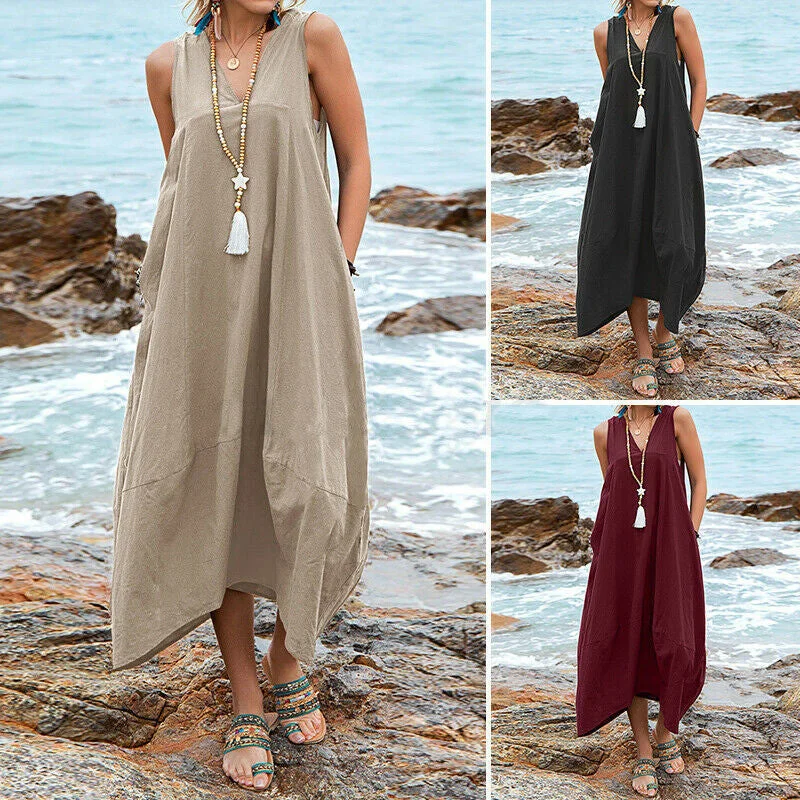 Women's Cotton And Linen V-neck Pocket Casual Dress Corset unclassified dresses