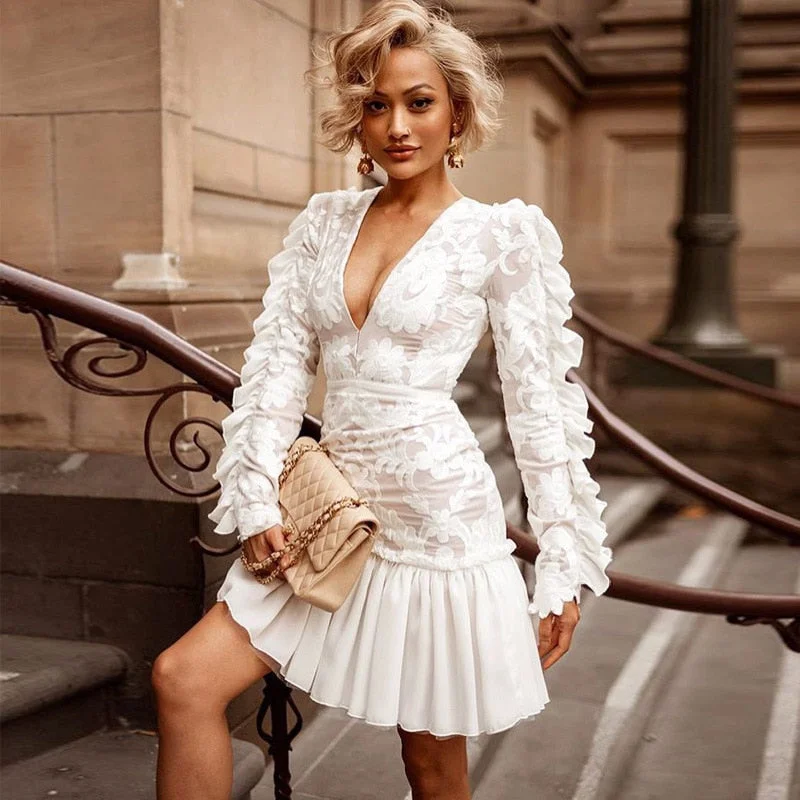 Mesh Embroidered V-neck Long Sleeve White Lace Ruffled Dress Lace Dress Design