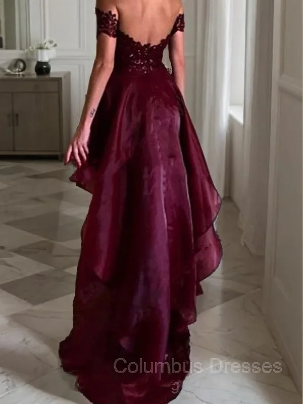 A-Line/Princess Off-the-Shoulder Asymmetrical Organza Evening Dresses With Appliques Lace Lace Midi Dress A-Line/Princess Off-the-Shoulder Asymmetrical Organza Evening Dresses With Appliques Lace Lace Midi Dress