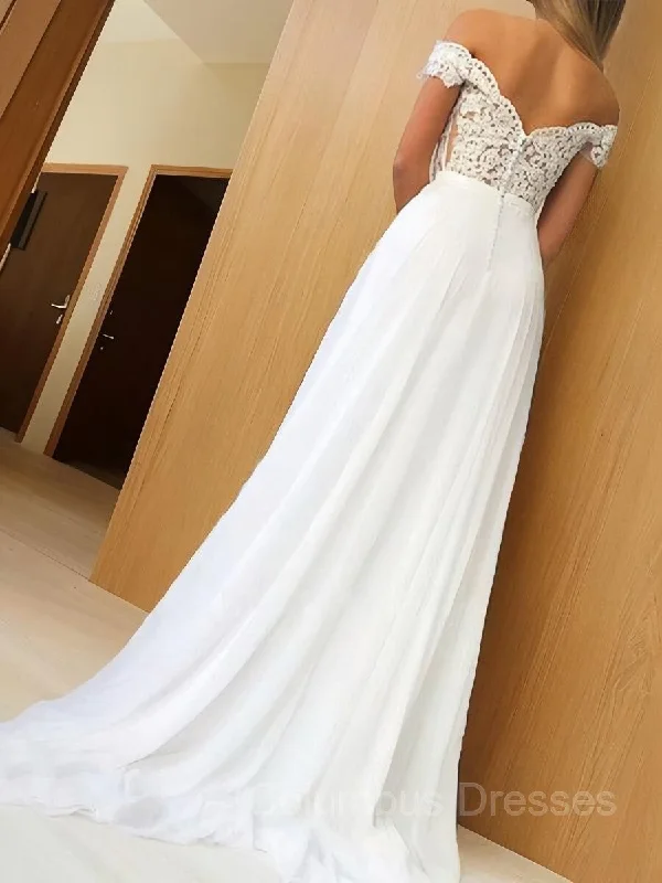 A-Line/Princess Off-the-Shoulder Sweep Train Chiffon Prom Dresses With Appliques Lace Lace Evening Dress