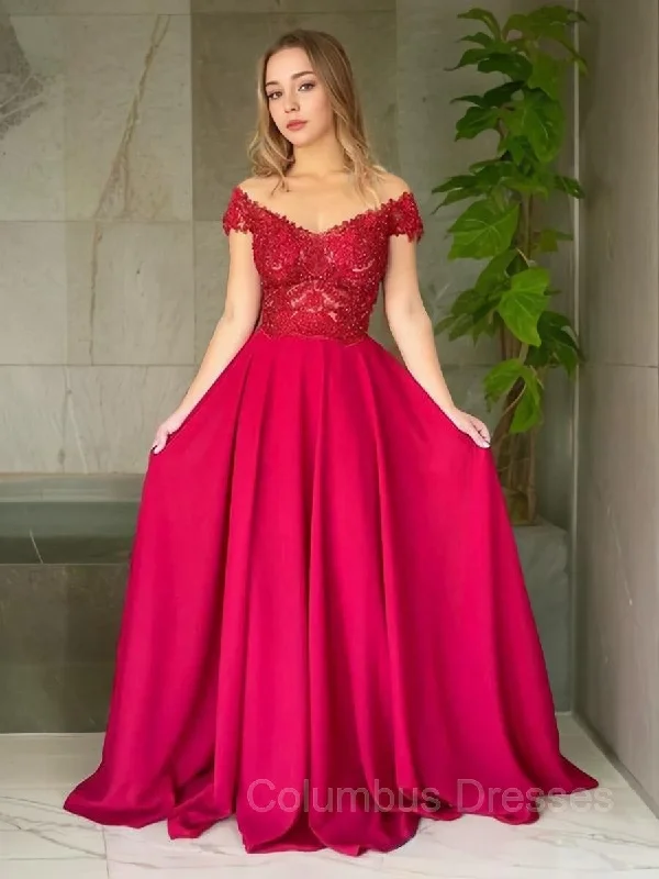A-Line/Princess Off-the-Shoulder Sweep Train Elastic Woven Satin Evening Dresses With Appliques Lace Lace Cocktail Gown