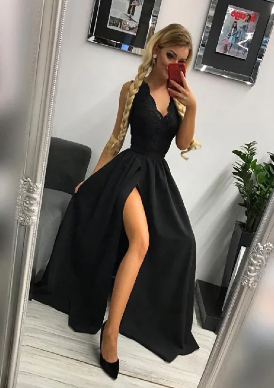 A-line/Princess Scalloped Neck Sleeveless Long/Floor-Length Elastic Satin Corset Prom Dress With Lace Split outfit Lace Party Gown A-line/Princess Scalloped Neck Sleeveless Long/Floor-Length Elastic Satin Corset Prom Dress With Lace Split outfit Lace Party Gown