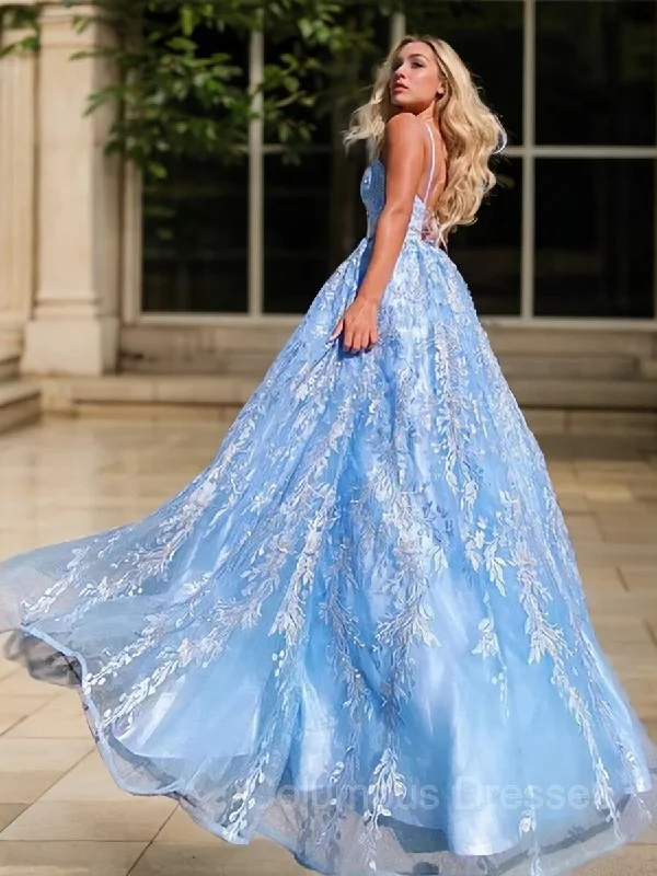 A-Line/Princess V-neck Sweep Train Lace Prom Dresses With Appliques Lace Lace Dress Elegance
