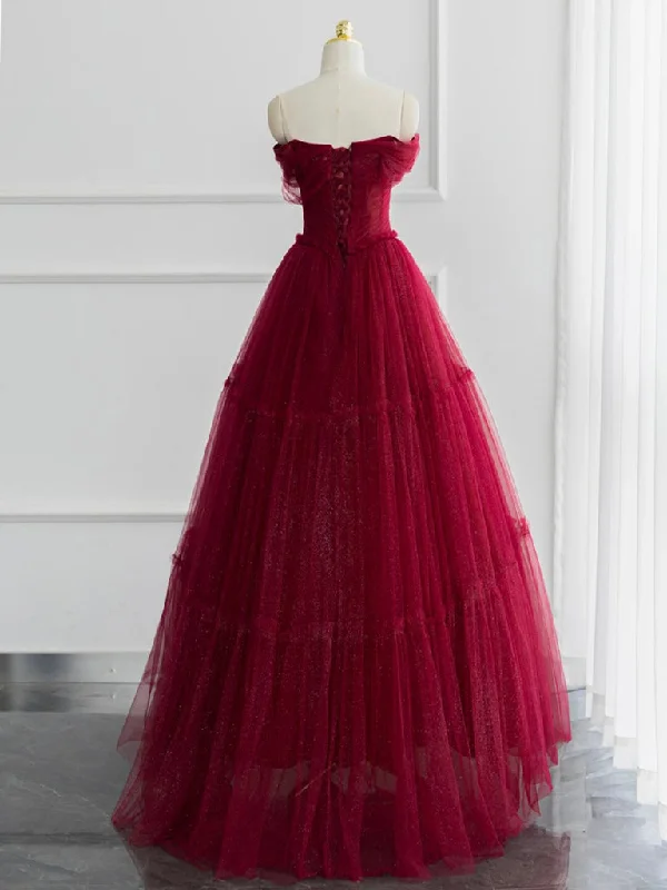 A-line Sweetheart Neck Tulle Burgundy Long Prom Dress, Off Shoulder Burgundy Formal Dress Tulle Dress Twirl