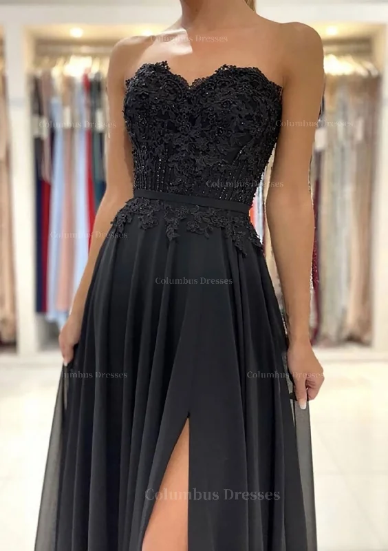 A-line Sweetheart Sweep Train Chiffon Prom Dress With Lace Beading Split Lace Dress Glamour