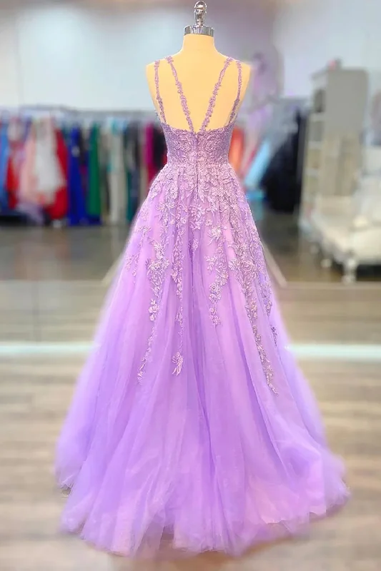 A-Line Tulle Princess Light Purple Prom Dress With Appliques, Tulle Straps Formal Dress Tulle Dress Sparkling