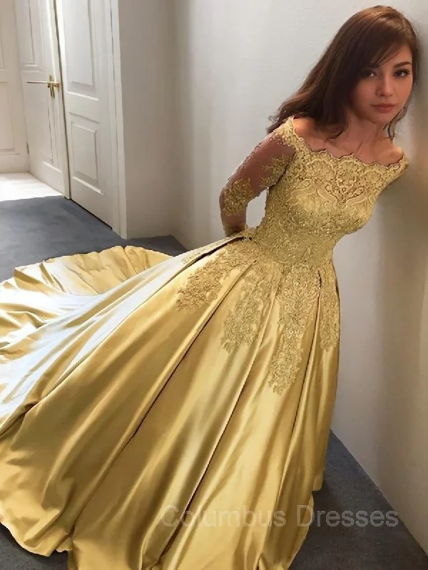 Ball Gown Off-the-Shoulder Floor-Length Satin Prom Dresses With Appliques Lace Lace Fit-and-Flare