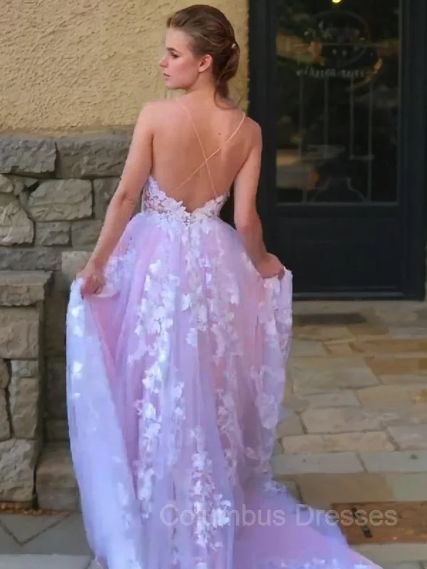 Ball Gown V-neck Sweep Train Lace Prom Dresses With Appliques Lace Lace Dress Accent