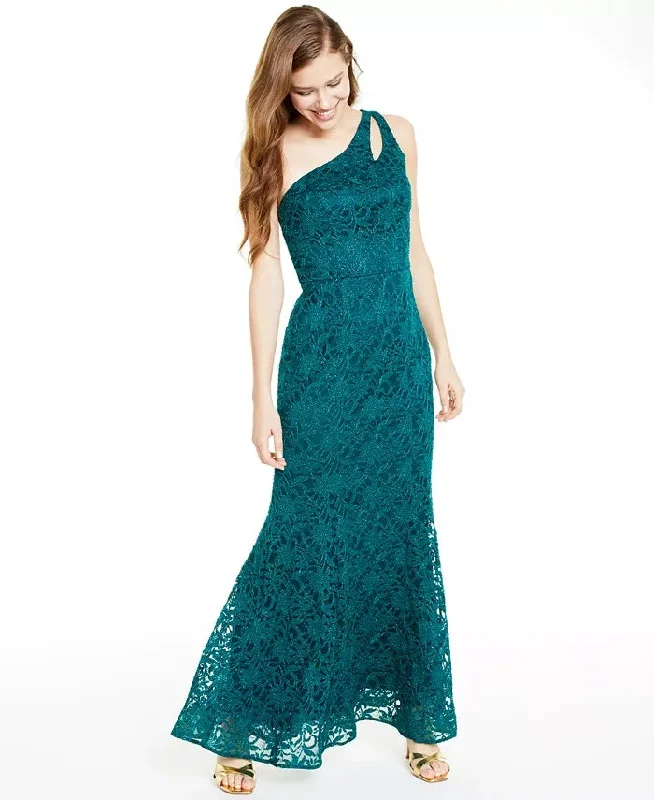 BCX Women's Lace Solid Sleeveless Asymmetrical Neckline Full-Length Fit + Flare Evening Dress Green Size 5 Lace Dress Appeal