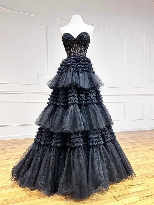 Black Sweetheart Neck Tulle Lace Long Prom Dress, Black Formal Evening Dress Tulle Party Dress