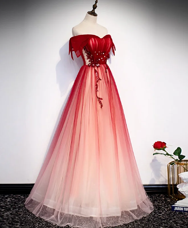Burgundy Off Shoulder Tulle Long Prom Dress, Burgundy Formal Dress, 1 Tulle Dress Modern