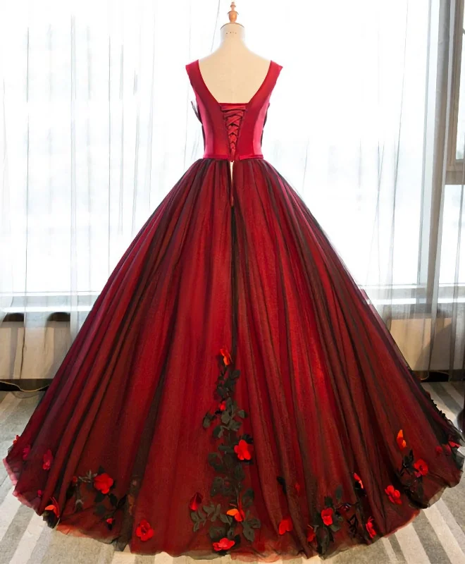Burgundy Round Neck Tulle Lace Applique Long Prom Dress, Burgundy Evening Dress Ruffled Tulle Gown