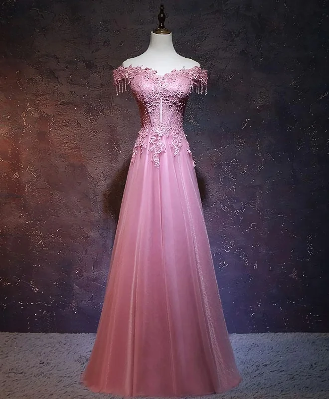 Burgundy Tulle Lace Off Shoulder Long Prom Dress, Burgundy Lace Evening Dress Tulle Dress Blush