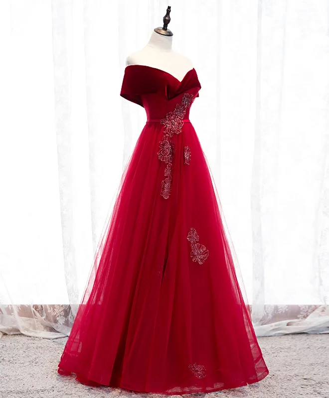 Burgundy Tulle Off Shoulder Long Prom Dress, Burgundy Formal Dress Tulle Dress Silhouette