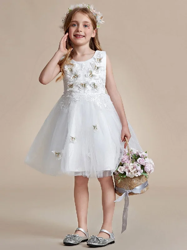 Butterfly Embroidered Sleeveless Tulle Flower Girl Dress Sexy Tulle Dress