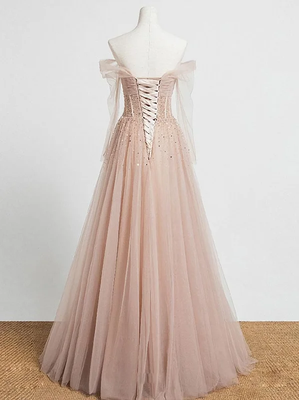 Champagne Pink Tulle Beads Long Prom Dress, Champagne Evening Dress Tulle Dress Sparkly