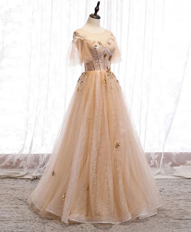 Champagne Round Neck Tulle Lace Long Prom Dress, Formal Dress A-line Tulle Dress