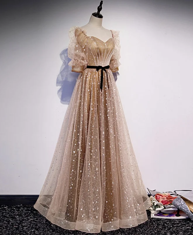 Champagne Sweetheart Tulle Long Prom Dress, Tulle Formal Dress Casual Tulle Gown
