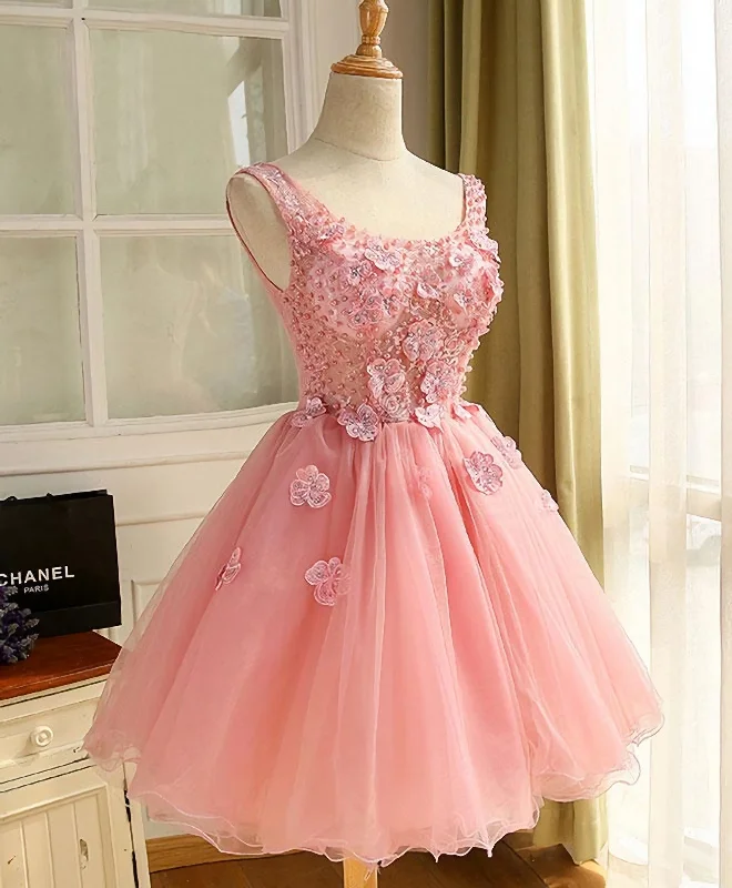 Cute A Line Pink Tulle Pearl Short Prom Dress, Homecoming Dress Tulle Dress Twirl