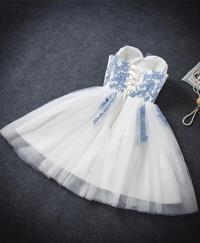 Cute Blue Sweetheart Neck Tulle Lace Short Prom Dress, Blue Homecoming Dress Tulle Dress Design Cute Blue Sweetheart Neck Tulle Lace Short Prom Dress, Blue Homecoming Dress Tulle Dress Design