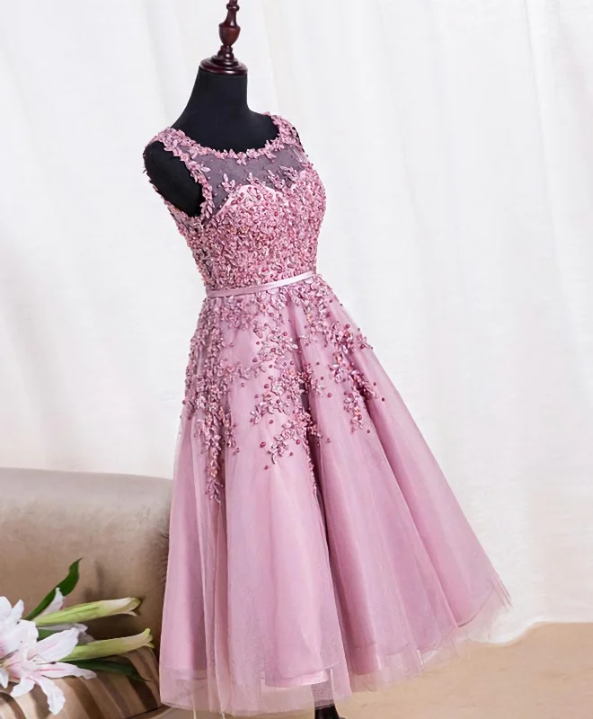Cute Pink Lace Tulle Short Prom Dress, Pink Evening Dress Tulle Dress Sparkle