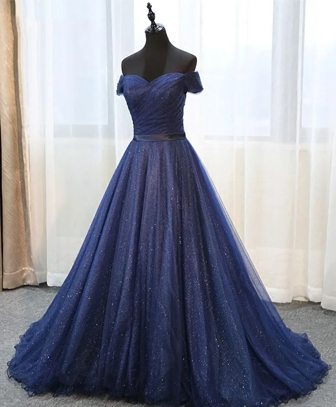 Dark Blue Shining Tulle Long Prom Dress, Evening Dress Soft Tulle Dress