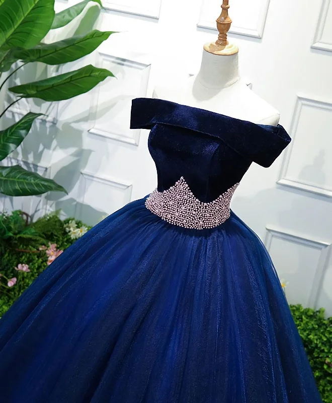 Dark Blue Tulle Off Shoulder Long Prom Dress, Blue Sweet 16 Dress Glitter Tulle Dress Dark Blue Tulle Off Shoulder Long Prom Dress, Blue Sweet 16 Dress Glitter Tulle Dress