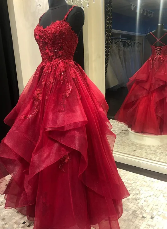Dark Red Cross Back Tulle Long Formal Dress, Dark Red Evening Dress Prom Dress Casual Tulle Dress
