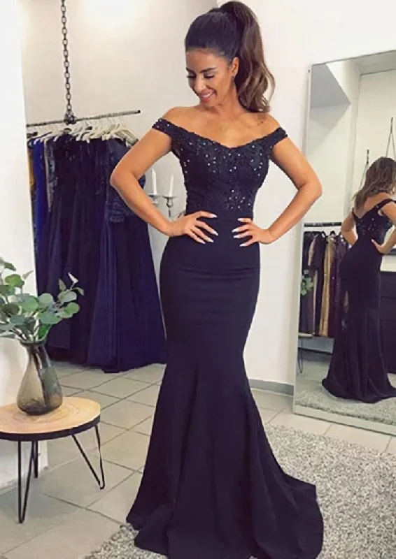Elastic Satin Corset Prom Dress Trumpet/Mermaid Off-The-Shoulder Sweep Train With Lace Outfits Sexy Lace Dress Elastic Satin Corset Prom Dress Trumpet/Mermaid Off-The-Shoulder Sweep Train With Lace Outfits Sexy Lace Dress
