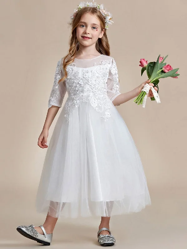 Flower Girl Dress in embroidered lace and tulle with mid-length sleeves Elegant Tulle Gown