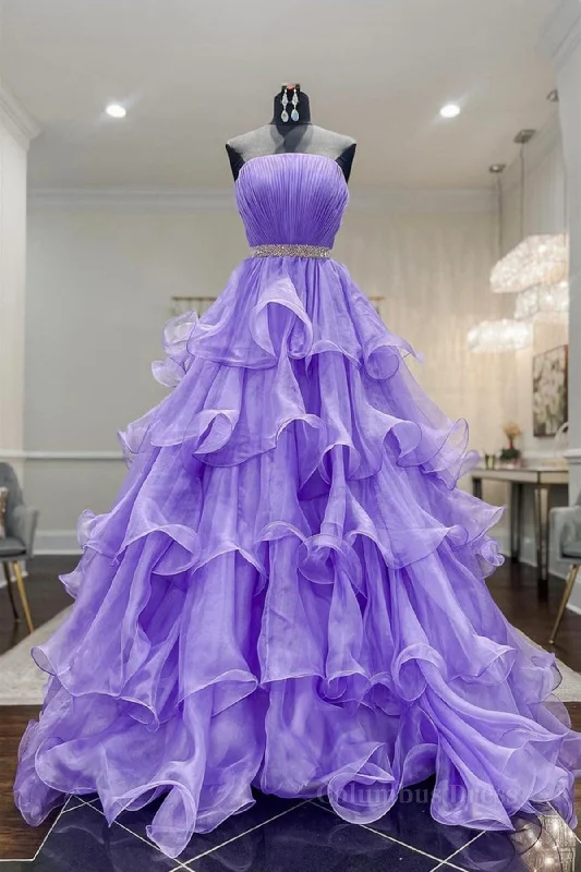 Gorgeous Strapless Layered Purple Tulle Long Corset Prom Dresses with Belt, Purple Corset Formal Evening Dresses, Purple Corset Ball Gown outfits Tulle Bodycon Dress Gorgeous Strapless Layered Purple Tulle Long Corset Prom Dresses with Belt, Purple Corset Formal Evening Dresses, Purple Corset Ball Gown outfits Tulle Bodycon Dress