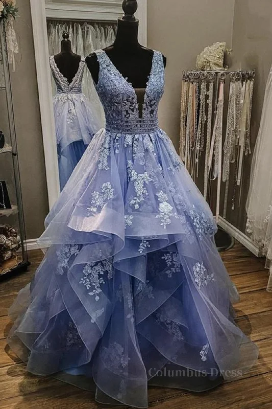 Gorgeous V Neck and V Back Blue Tulle Lace Long Corset Prom Dresses, Puffy Blue Lace Corset Formal Evening Dresses outfit Tulle Dress Color Gorgeous V Neck and V Back Blue Tulle Lace Long Corset Prom Dresses, Puffy Blue Lace Corset Formal Evening Dresses outfit Tulle Dress Color
