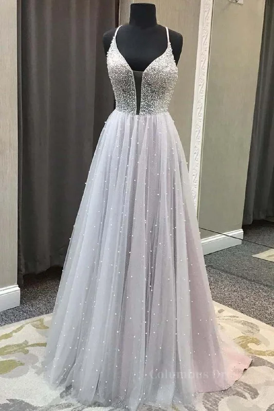 Gorgeous V Neck Backless Beaded Gray Tulle Long Corset Prom Dresses, Backless Grey Corset Formal Graduation Evening Dresses outfit Soft Layered Tulle Gorgeous V Neck Backless Beaded Gray Tulle Long Corset Prom Dresses, Backless Grey Corset Formal Graduation Evening Dresses outfit Soft Layered Tulle
