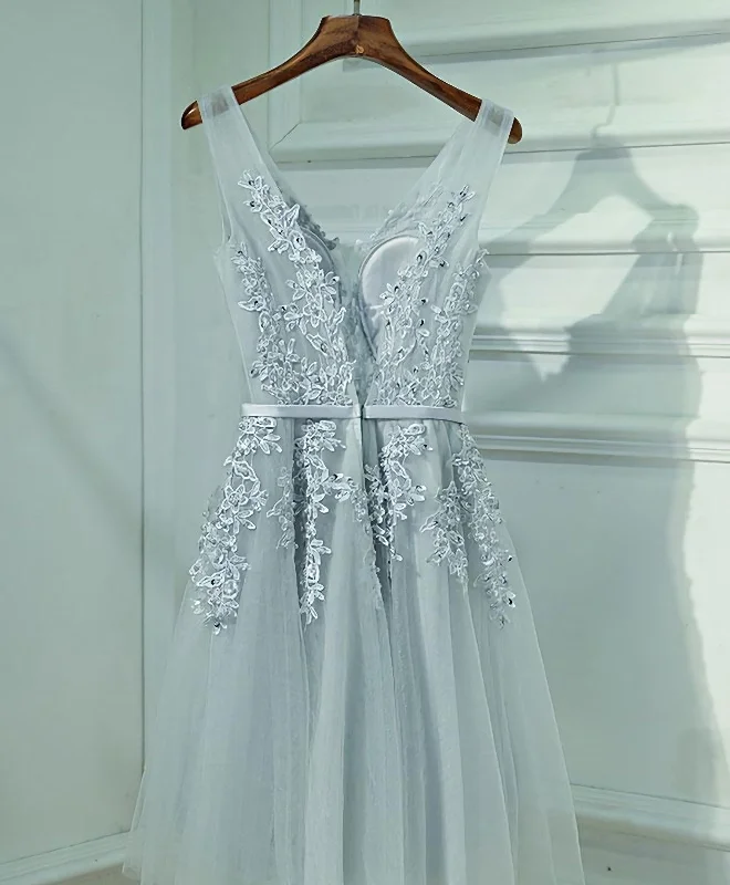 Gray A Line Lace Tulle Short Prom Dress, Homecoming Dress Tulle Midi Dress