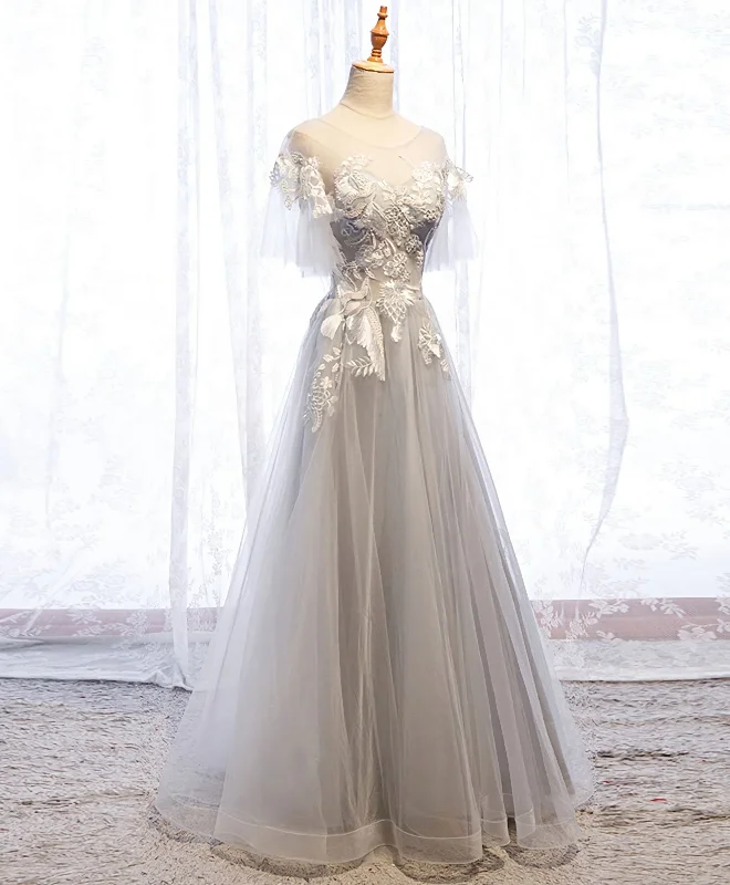 Gray Tulle Lace Long Prom Dress, Gray Tulle Lace Evening Dress, 5 Long Sleeve Tulle